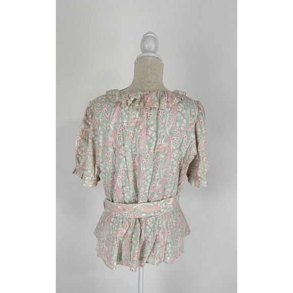 LC Lauren Conrad Womens Peacock Floral Wrap Blouse Short Sleeve XL Green NWT - Picture 4 of 13